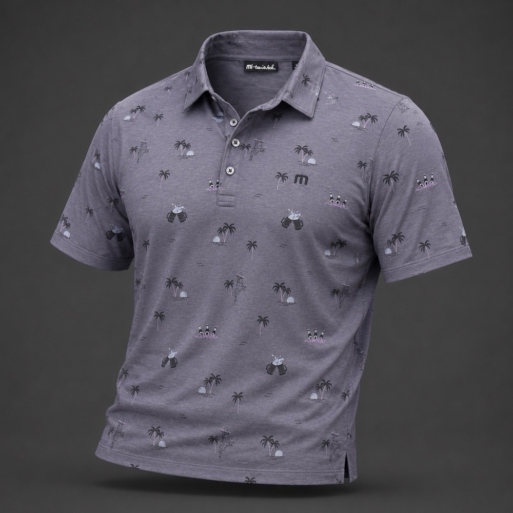 Travis Mathew ‎ Golf Polo Shirt Mens LRG Grey Performance HAWAIIAN DRINKS AOP